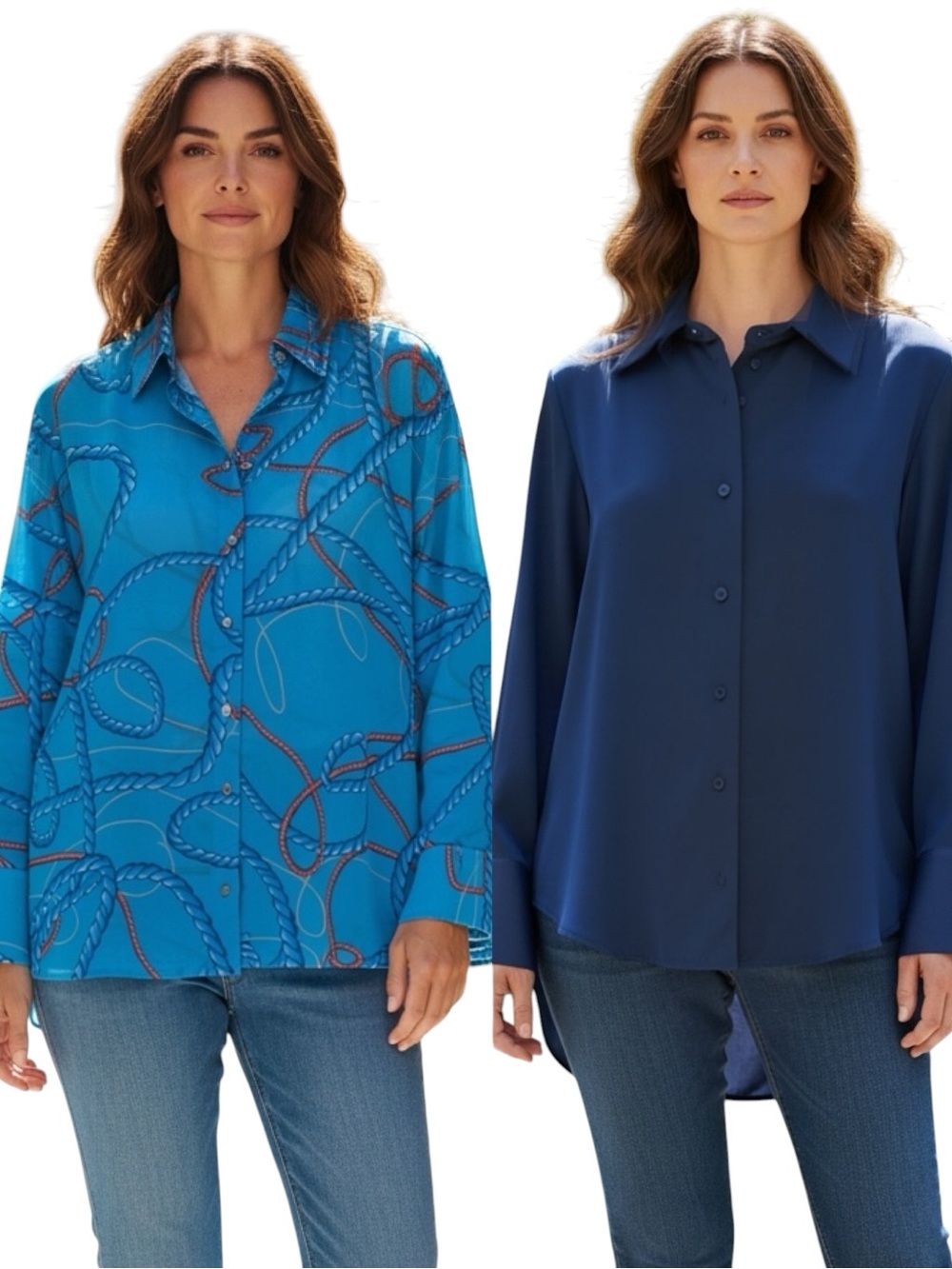 ZARA Bundle 2 Button Up Blouses Size L Blue Solid + Rope Print